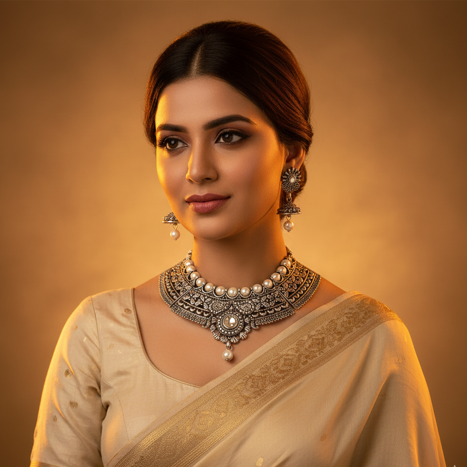 JewelMaze Antique Oxidised Jewelry Choker Necklace Set For Women