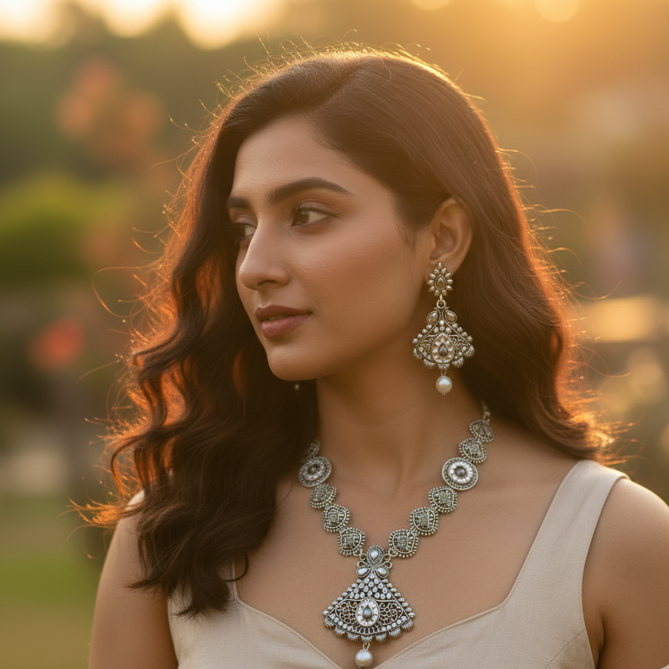 JewelMaze Elegant Oxidised long necklace Set For Traditional Wear