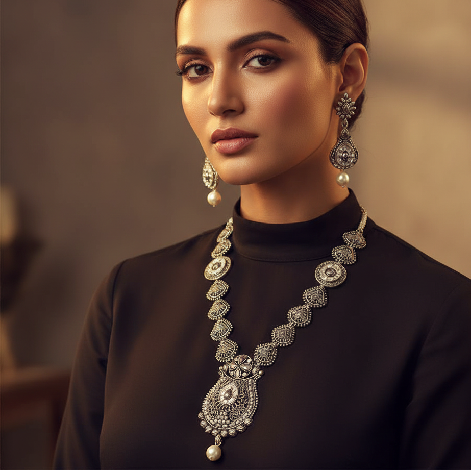 JewelMaze Elegant Oxidised long necklace Set For Traditional Wear