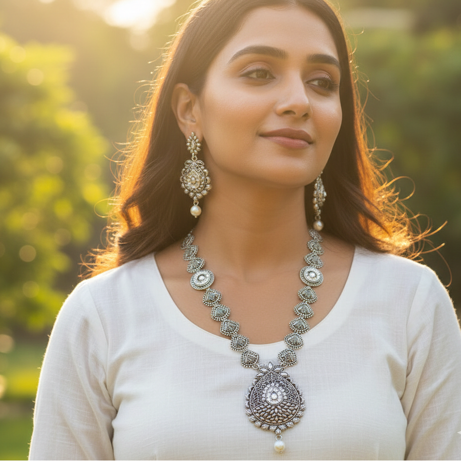 JewelMaze Elegant Oxidised long necklace Set For Traditional Wear