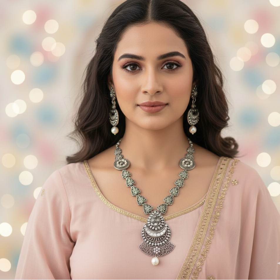 JewelMaze Elegant Oxidised long necklace Set For Traditional Wear