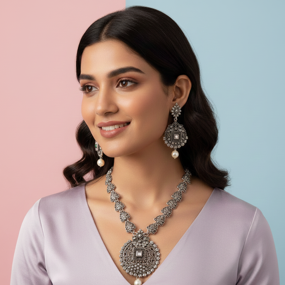 JewelMaze Elegant Oxidised long necklace Set For Traditional Wear