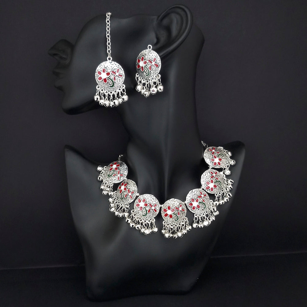 JewelMaze Oxidised Plated Red Meenakari Necklace Set With Maang Tikka