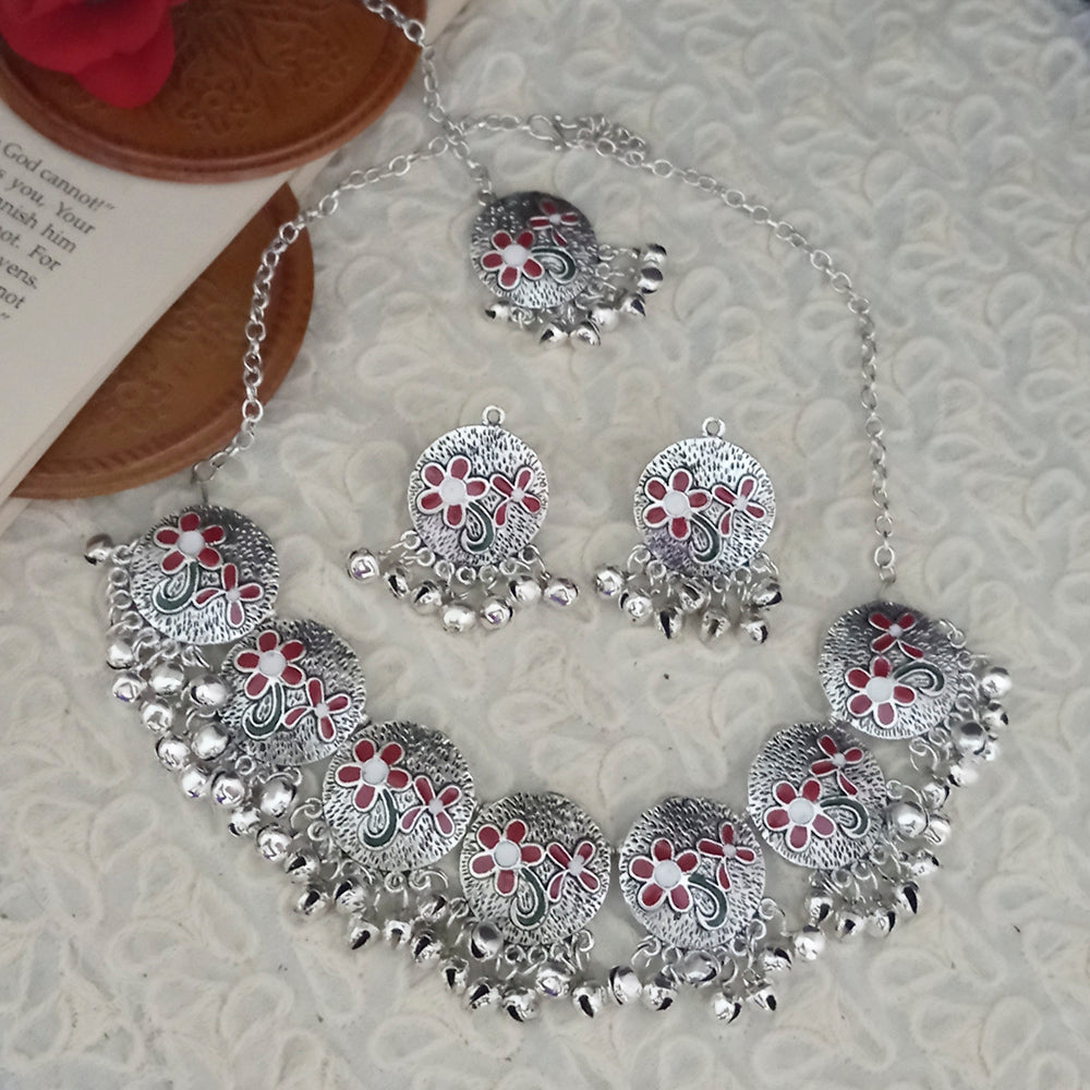 JewelMaze Oxidised Plated Red Meenakari Necklace Set With Maang Tikka