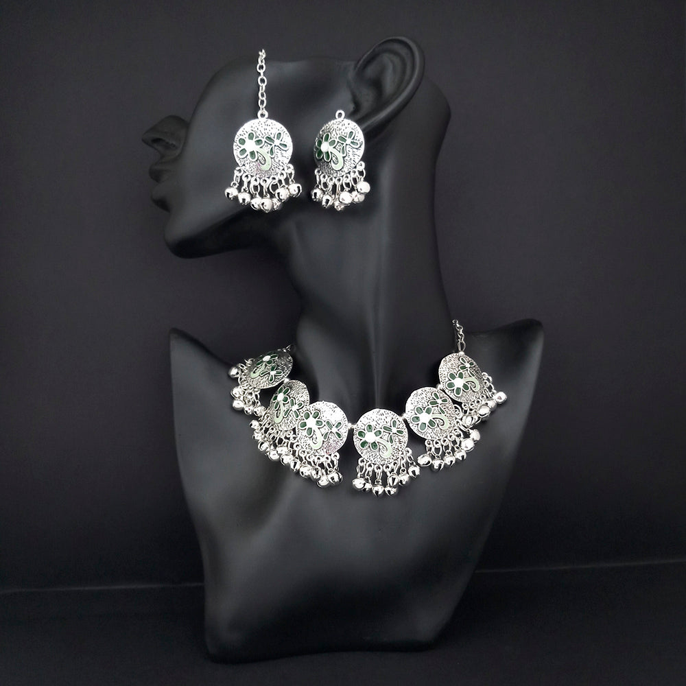JewelMaze Oxidised Plated Green Meenakari Necklace Set With Maang Tikka