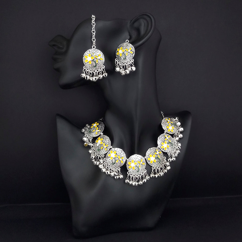 JewelMaze Oxidised Plated Yellow Meenakari Necklace Set With Maang Tikka