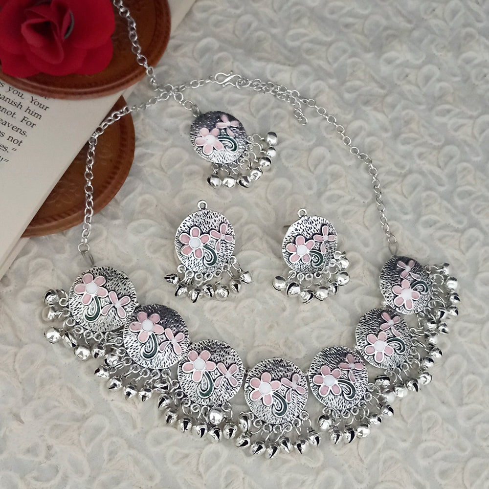 JewelMaze Oxidised Plated Peach Meenakari Necklace Set With Maang Tikka