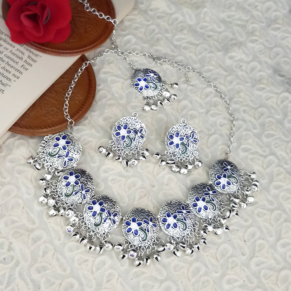 JewelMaze Oxidised Plated Blue Meenakari Necklace Set With Maang Tikka