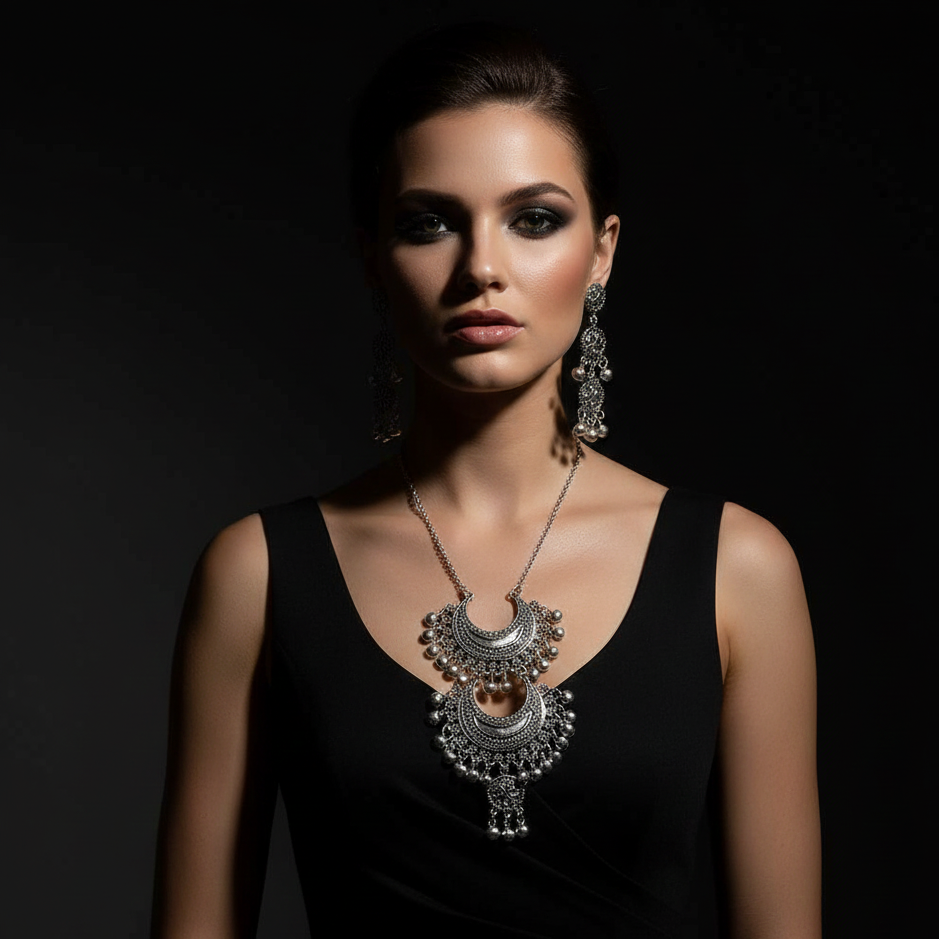 JewelMaze Elegant Oxidised long necklace For Traditional Wear