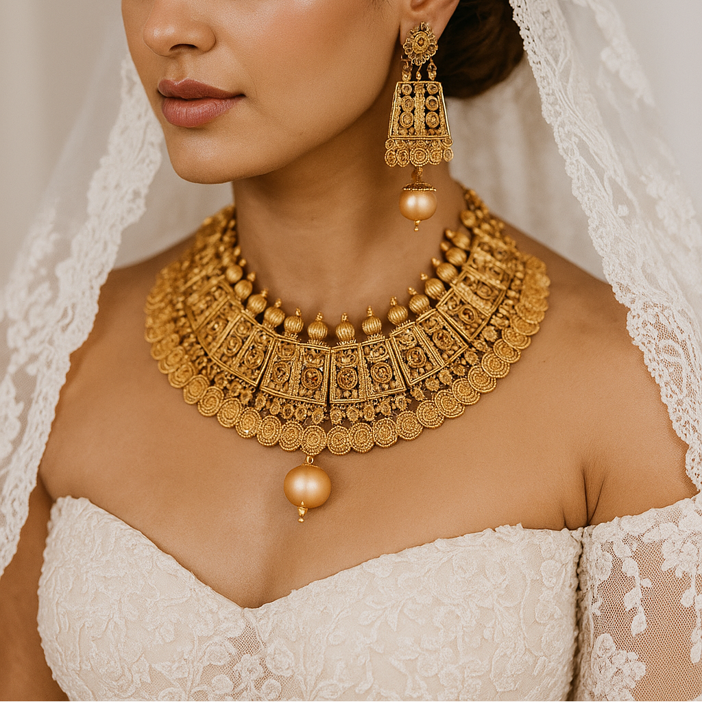 JewelMaze Brown Austrian Stone Gold Plated Traditional Choker Necklace Set