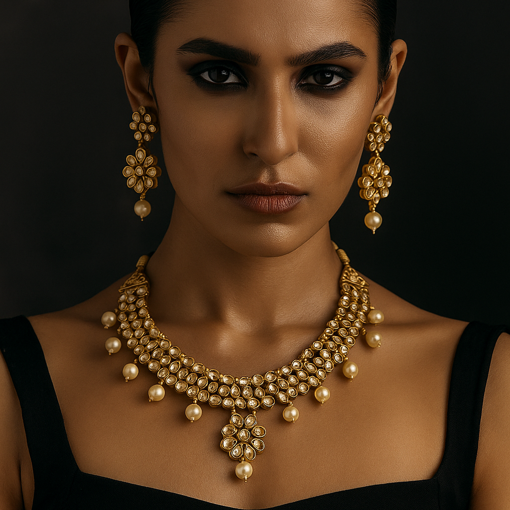 JewelMaze Brown Kundan Stone Gold Plated Traditional Choker Necklace Set