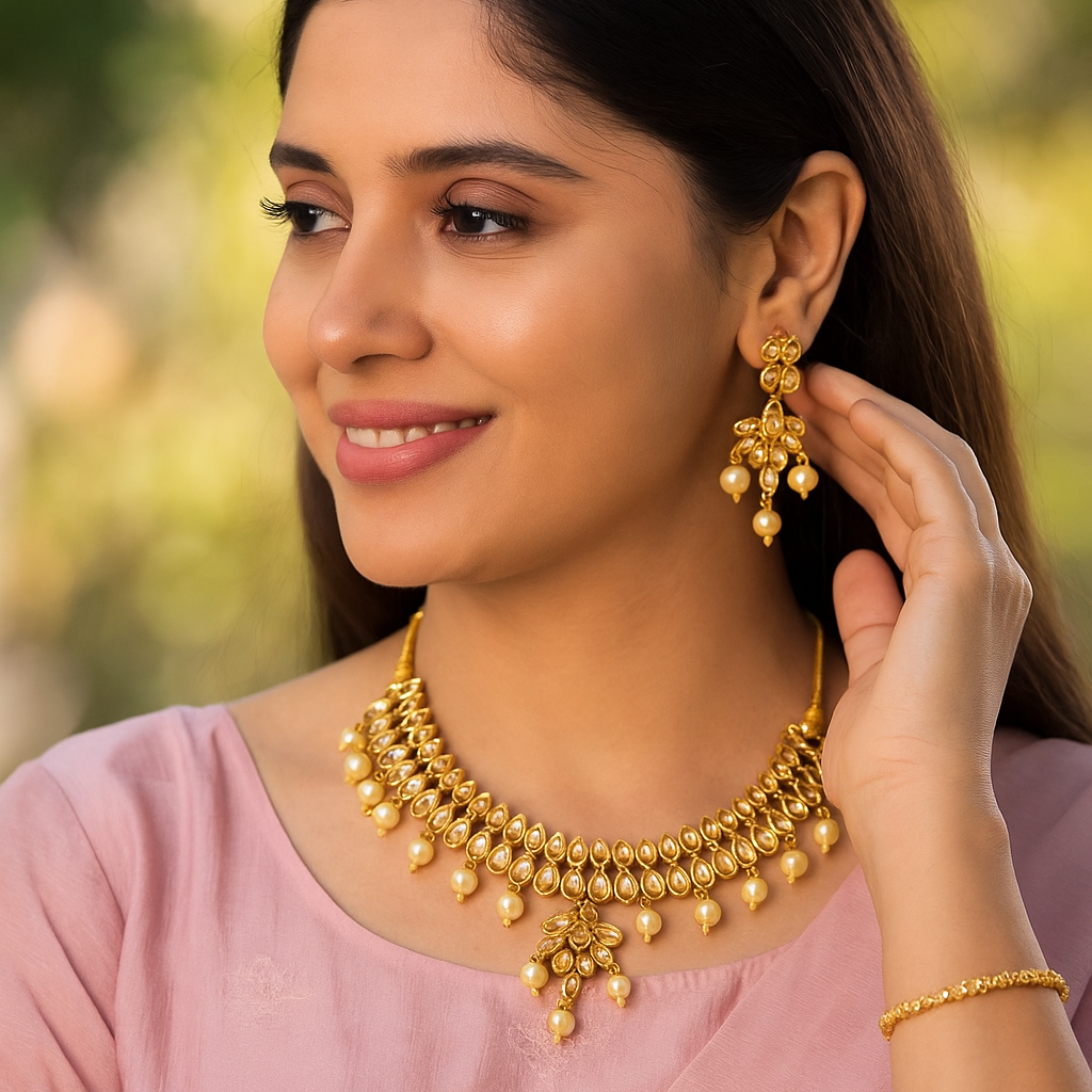 JewelMaze Brown Kundan Stone Gold Plated Traditional Choker Necklace Set