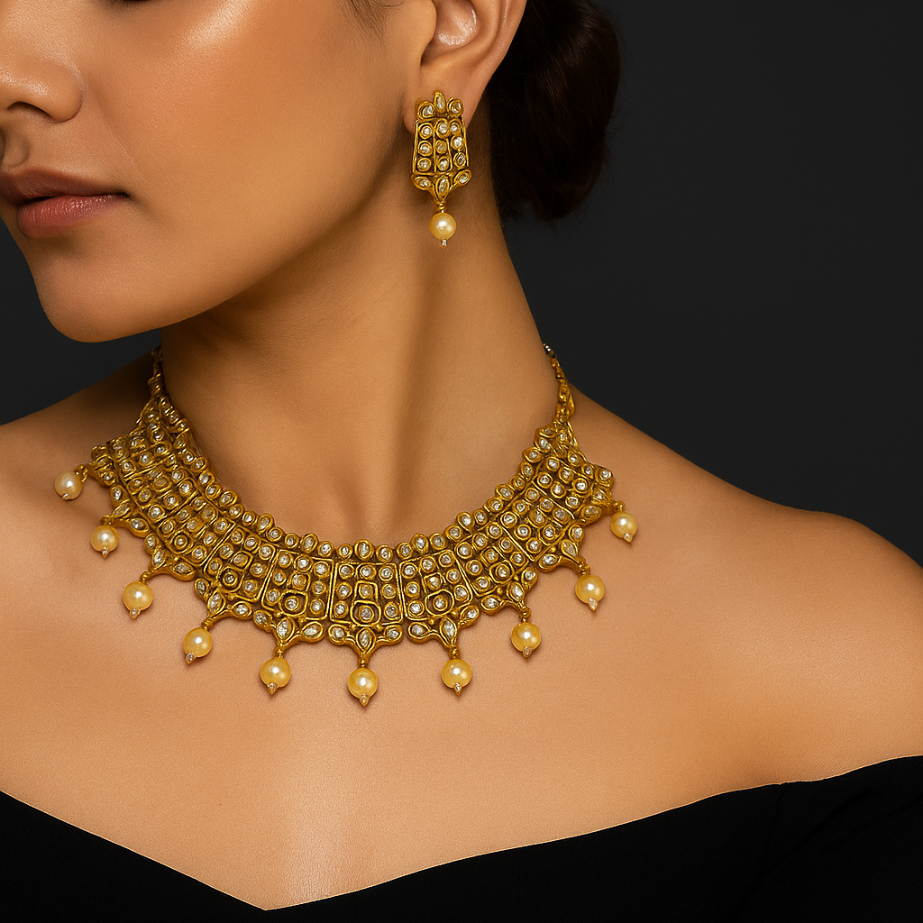 JewelMaze Brown Kundan Stone Gold Plated Traditional Choker Necklace Set