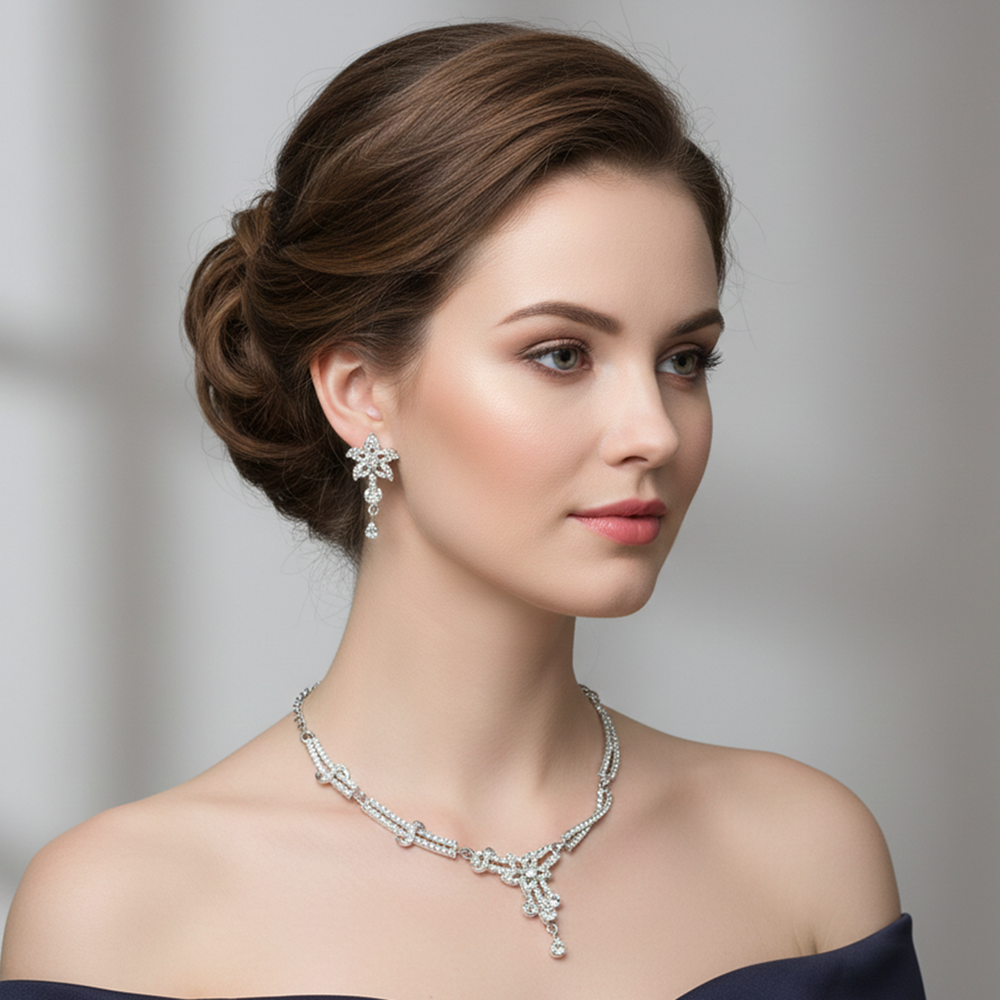 JewelMaze Sparkling Austrian Stone Silver Plated Necklace Set