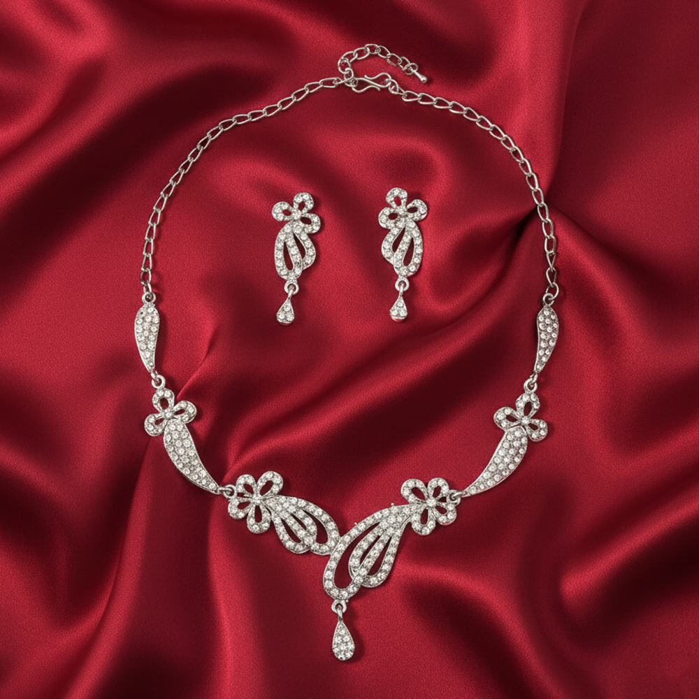 JewelMaze Premium Silver Finish Austrian Stone Jewellery Set