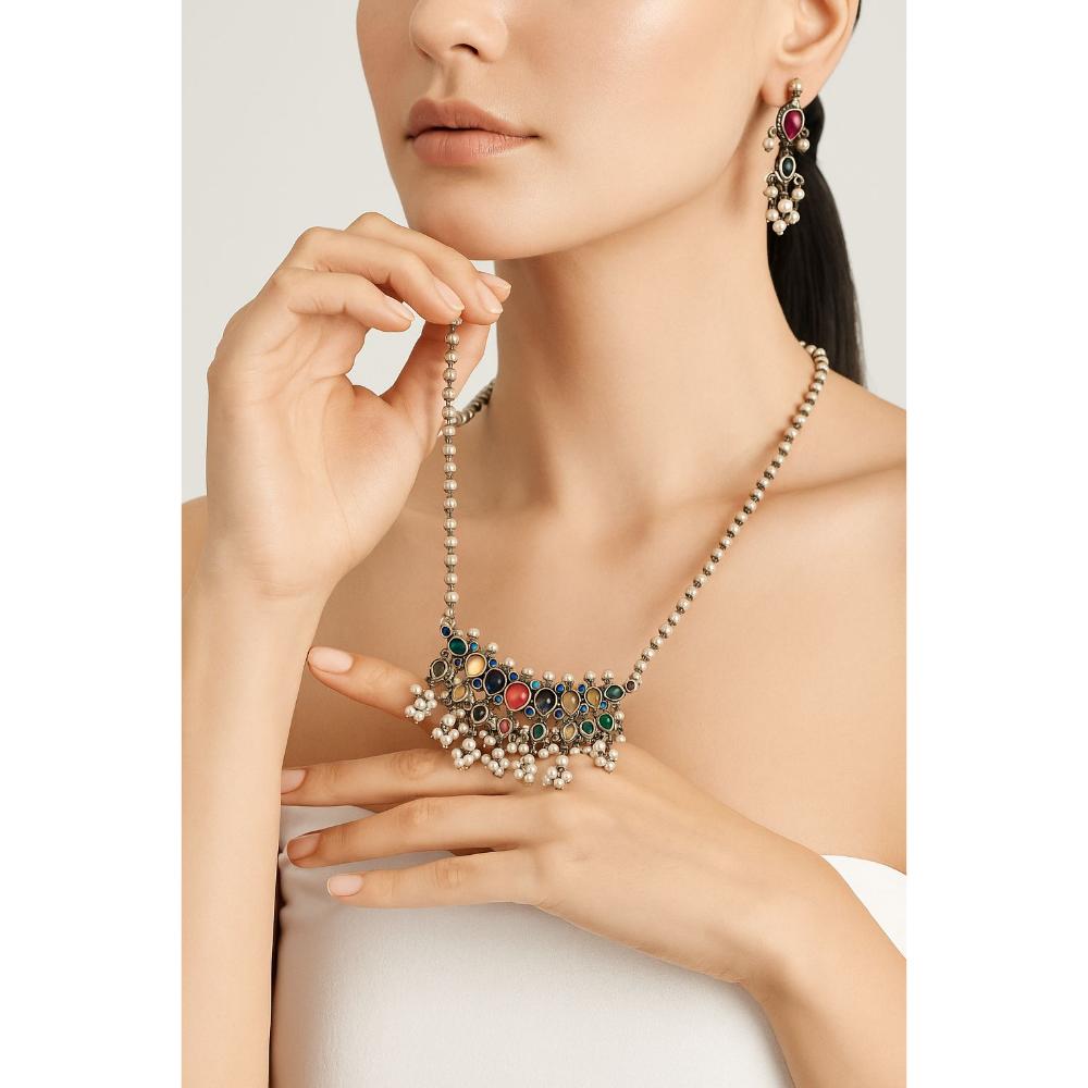 JewelMaze Oxidised Plated Pota Stone Necklace Set - 113114742