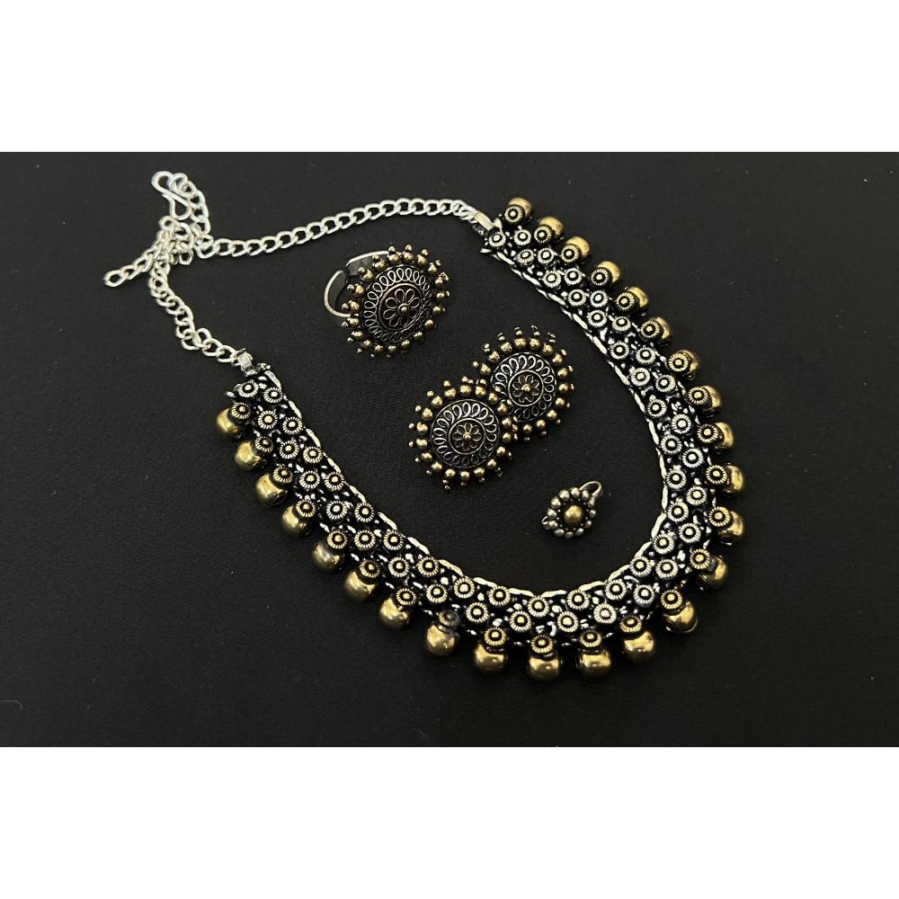 JewelMaze Oxidised Plated Necklace Set With Ring & Nose Pin - 113114743