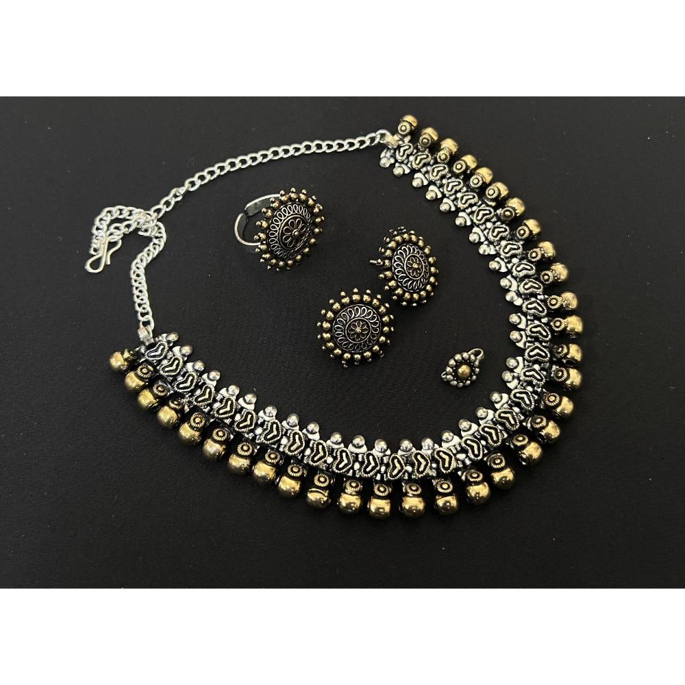 JewelMaze Oxidised Plated Necklace Set With Ring & Nose Pin - 113114744