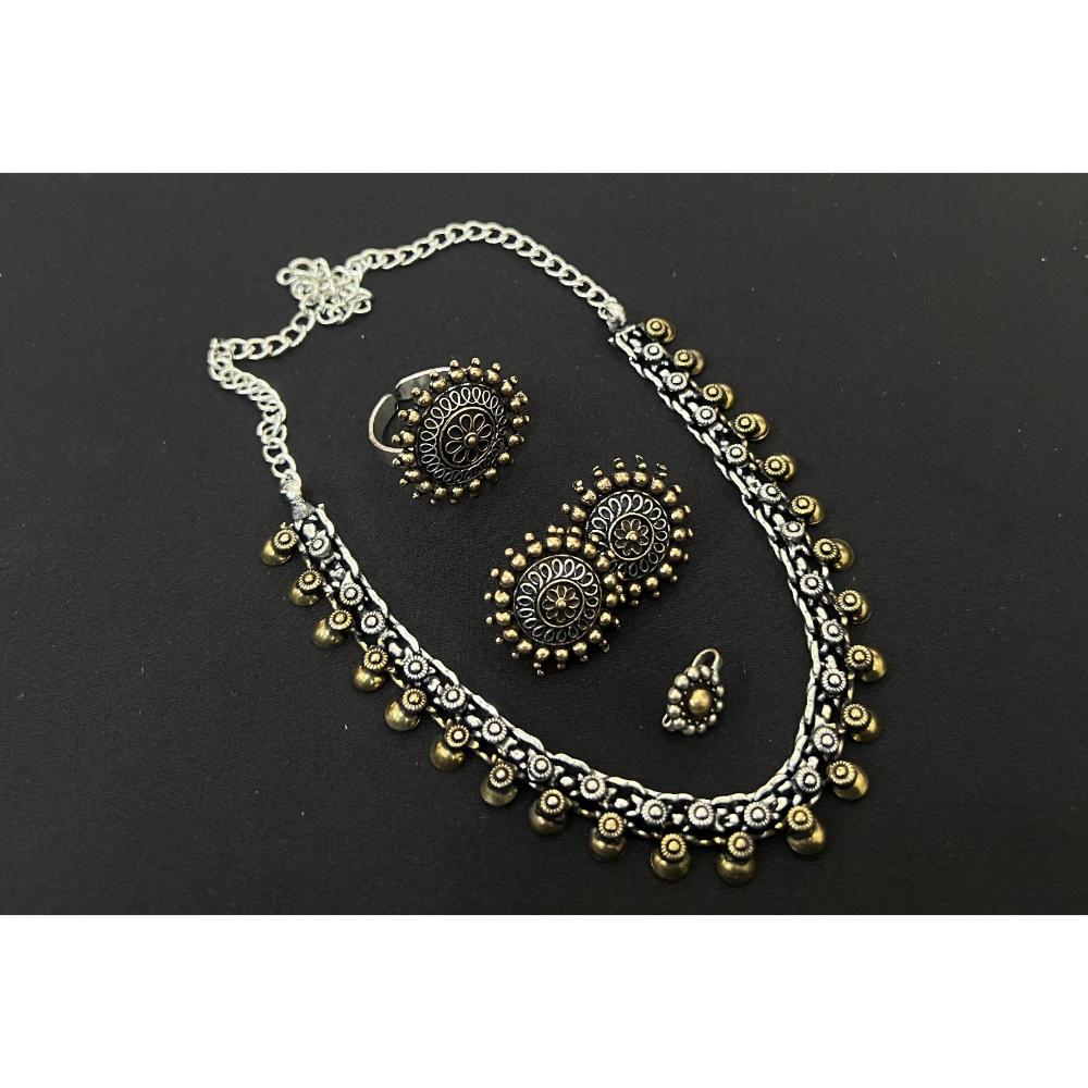 JewelMaze Oxidised Plated Necklace Set With Ring & Nose Pin - 113114745