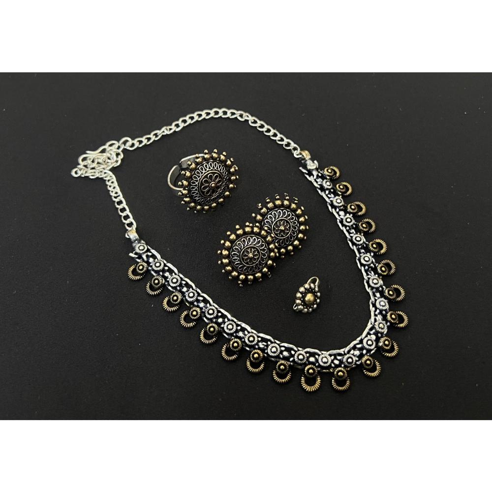 JewelMaze Oxidised Plated Necklace Set With Ring & Nose Pin - 113114746
