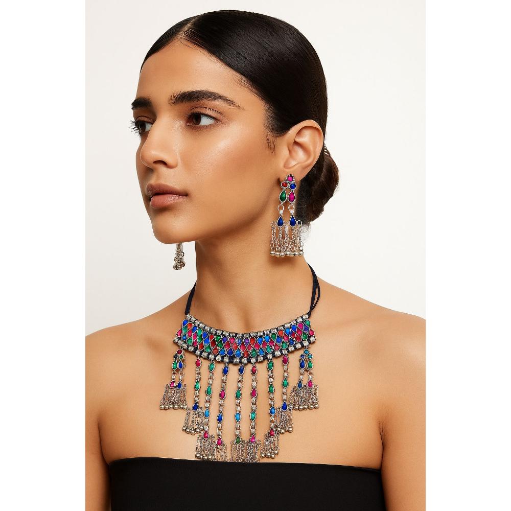 JewelMaze Oxidised Plated Multi Meenakari Necklace Set - 113114750