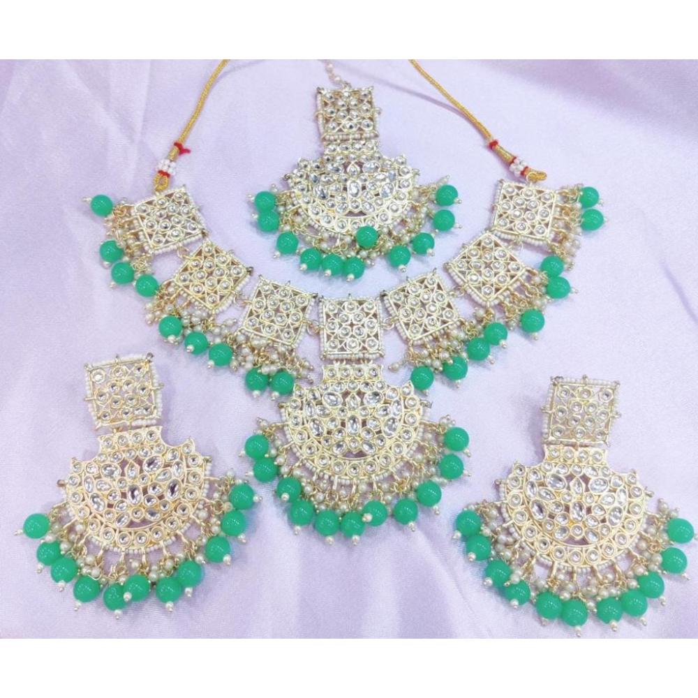 JewelMaze Gold Plated Light Green Beads & Kundan Necklace Set With Maang Tikka