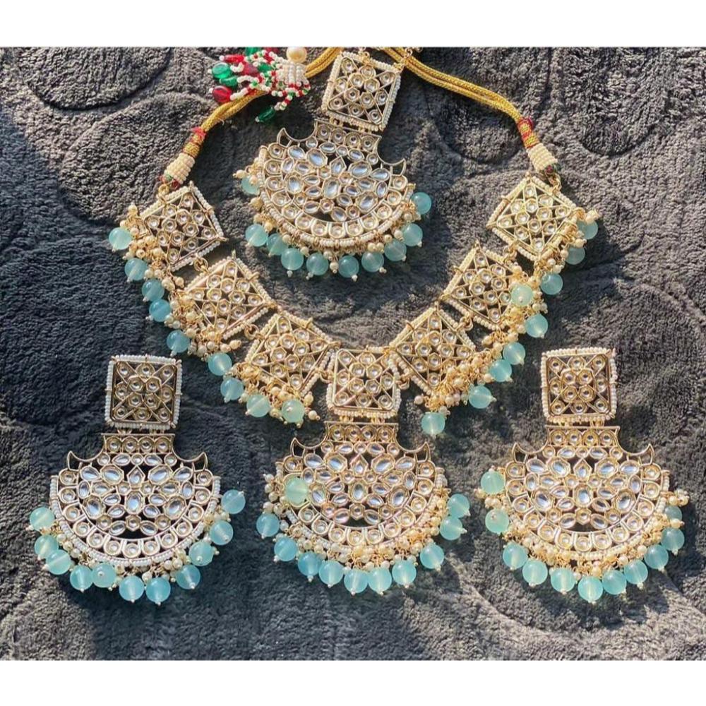 JewelMaze Gold Plated Blue Beads & Kundan Necklace Set With Maang Tikka