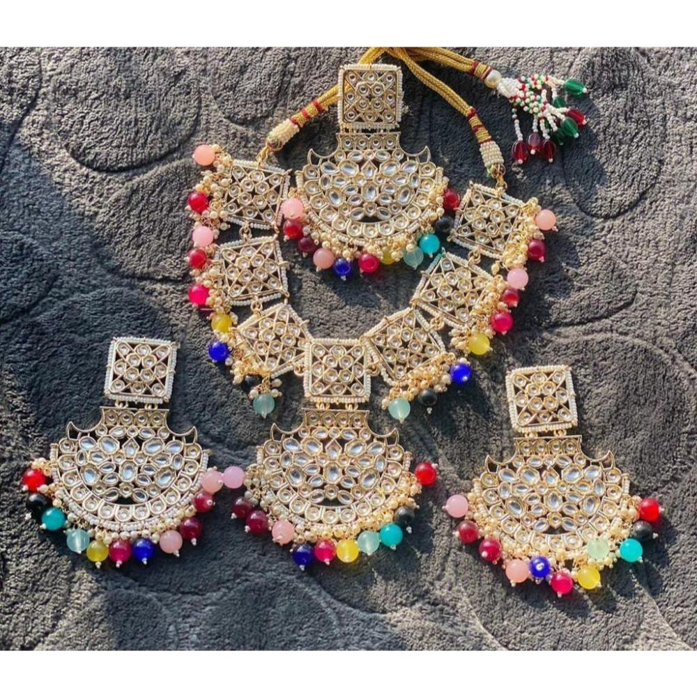 JewelMaze Gold Plated Multi Beads & Kundan Necklace Set With Maang Tikka