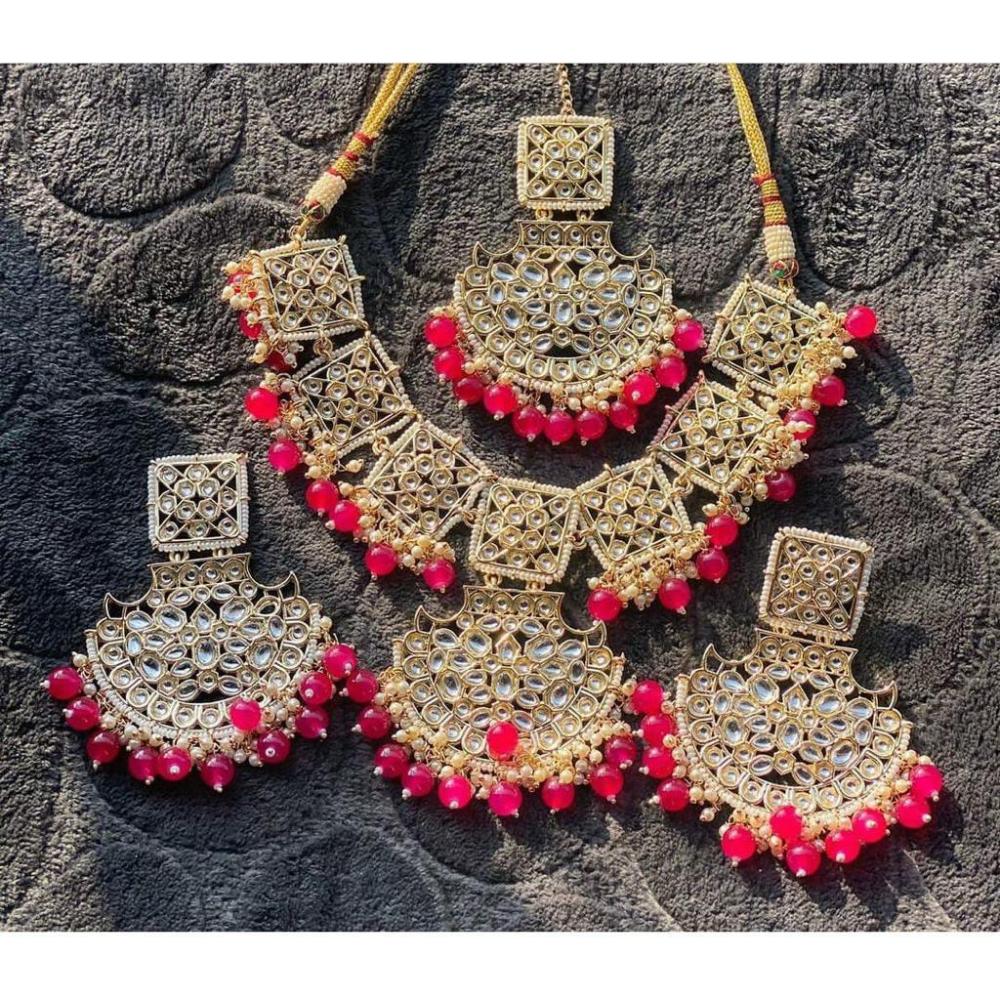 JewelMaze Gold Plated Pink Beads & Kundan Necklace Set With Maang Tikka