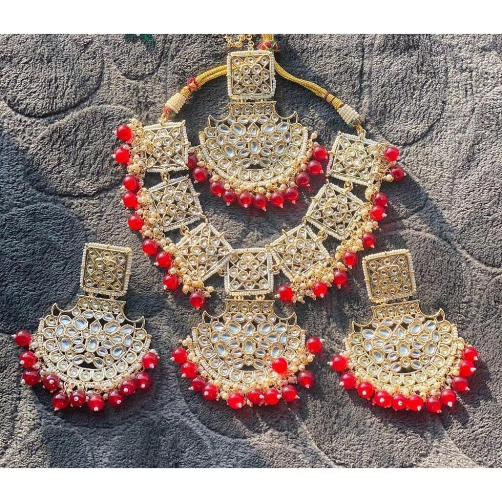 JewelMaze Gold Plated Red Beads & Kundan Necklace Set With Maang Tikka