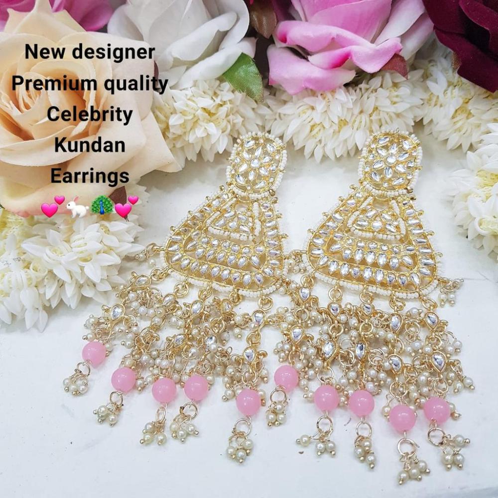 JewelMaze Gold Plated Light Pink Beads & Kundan Dangler Earrings