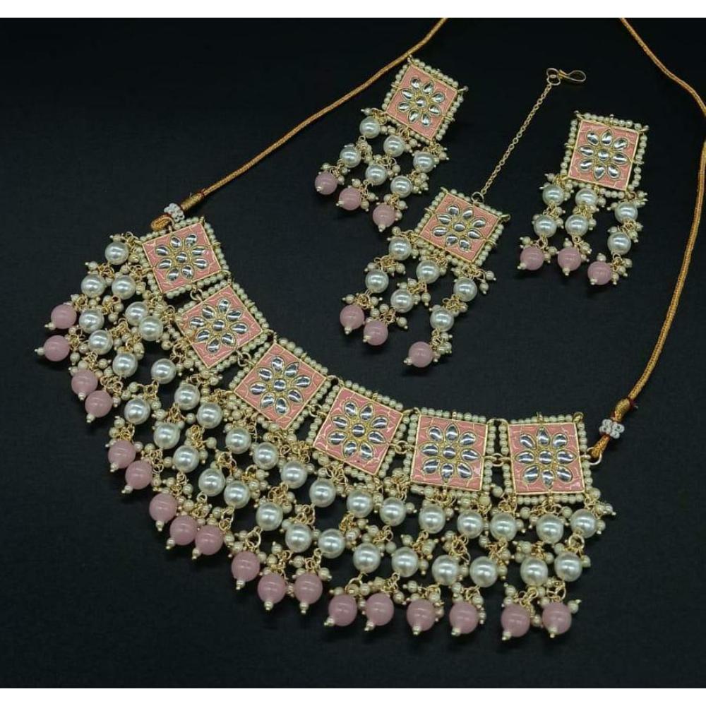 JewelMaze Light Pink Meenakari & Kundan Necklace Set With Maang Tikka