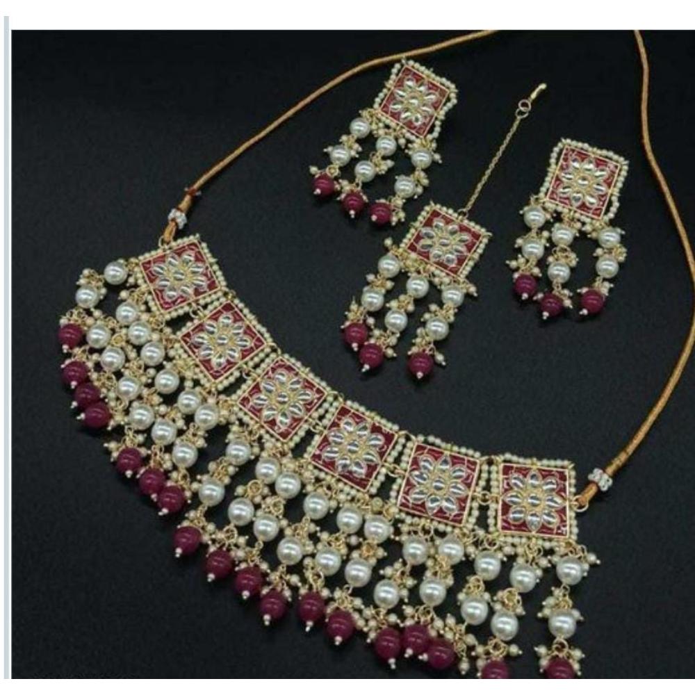 JewelMaze Pink Meenakari & Kundan Necklace Set With Maang Tikka