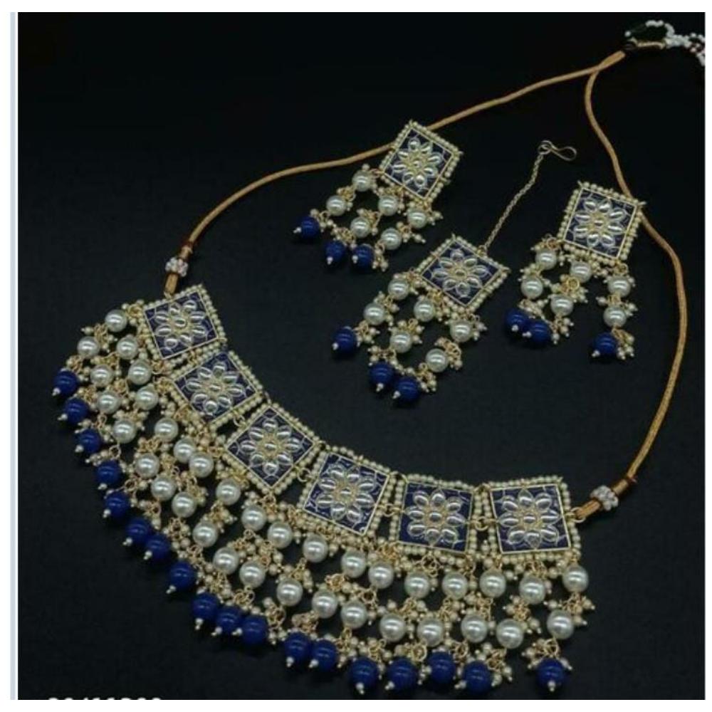 JewelMaze Blue Meenakari & Kundan Necklace Set With Maang Tikka