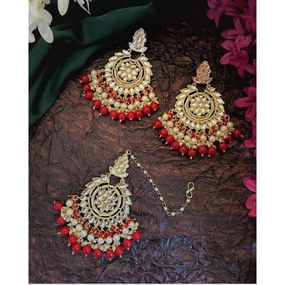 JewelMaze Red Beads & Kundan Dangler Earrings With Maang Tikka