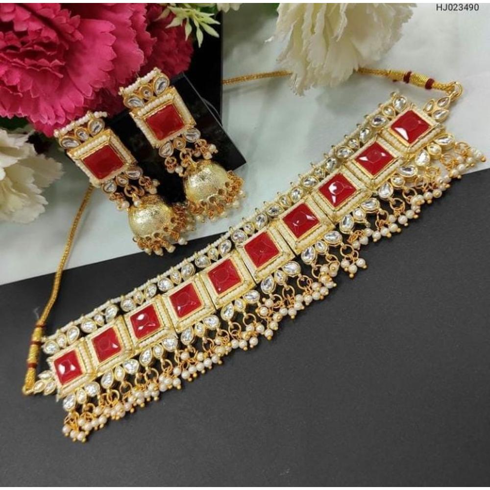 JewelMaze Red Kundan Stone Choker Necklace Set