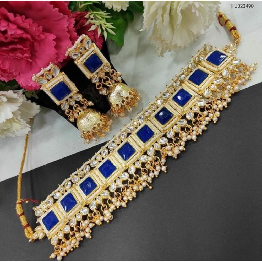 JewelMaze Blue Kundan Stone Choker Necklace Set