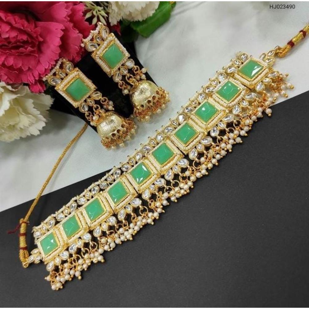 JewelMaze Light Green Kundan Stone Choker Necklace Set