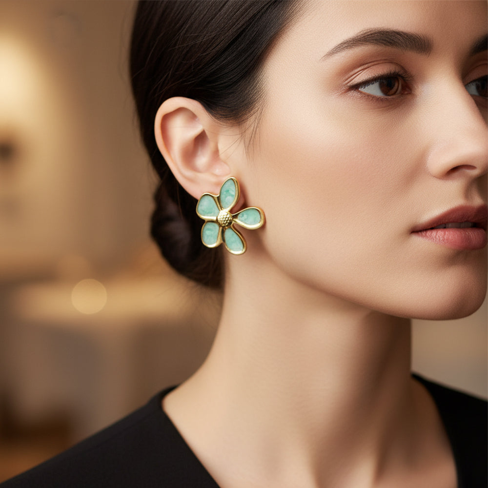 JewelMaze Demi Fine Anti Tarnish Green Blossom Statement Studs