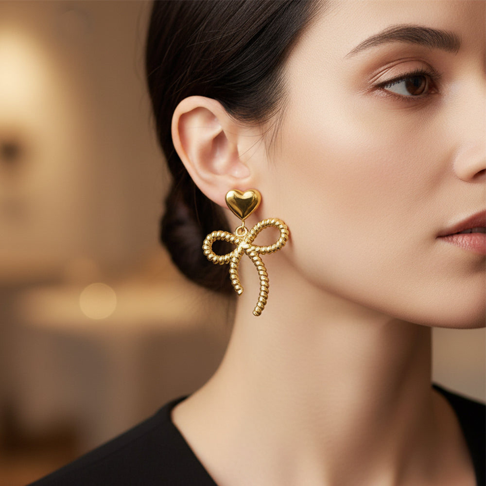 JewelMaze Demi Fine Anti Tarnish Heart & Bow Dangler Earrings