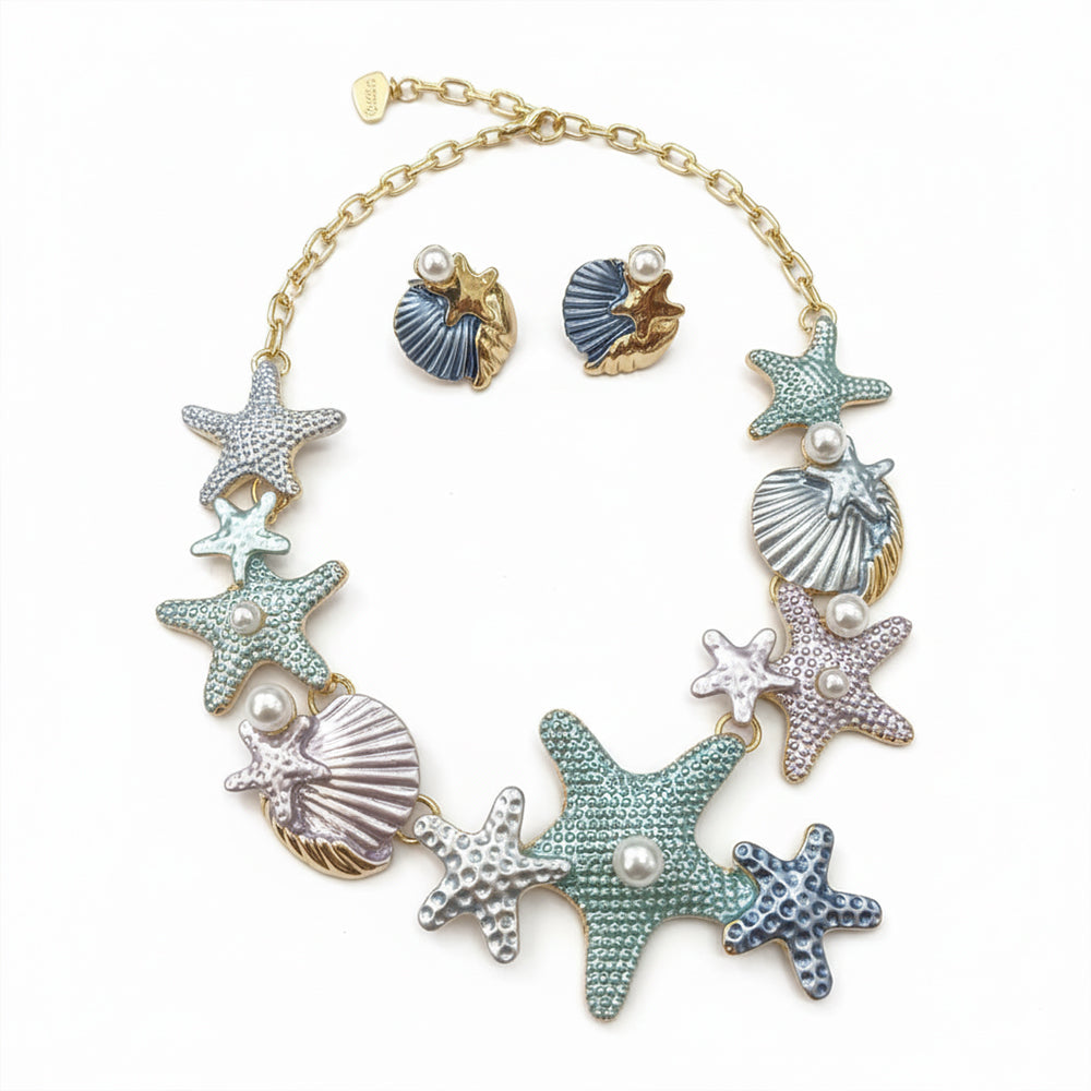 JewelMaze Demi Fine Anti Tarnish Sea Shell & Starfish Necklace Set