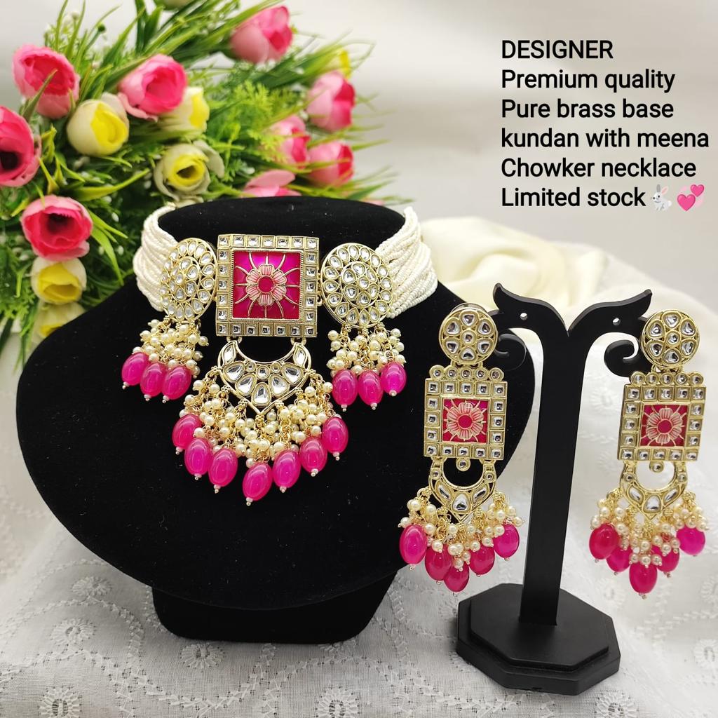 JewelMaze Gold Plated Kundan And Beads Meenakari Choker Necklace Set - 11374765DP