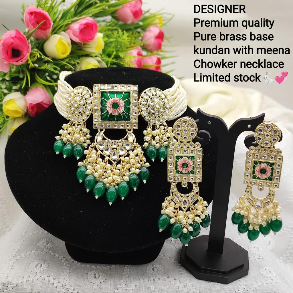 JewelMaze Gold Plated Kundan And Beads Meenakari Choker Necklace Set - 11374766GR