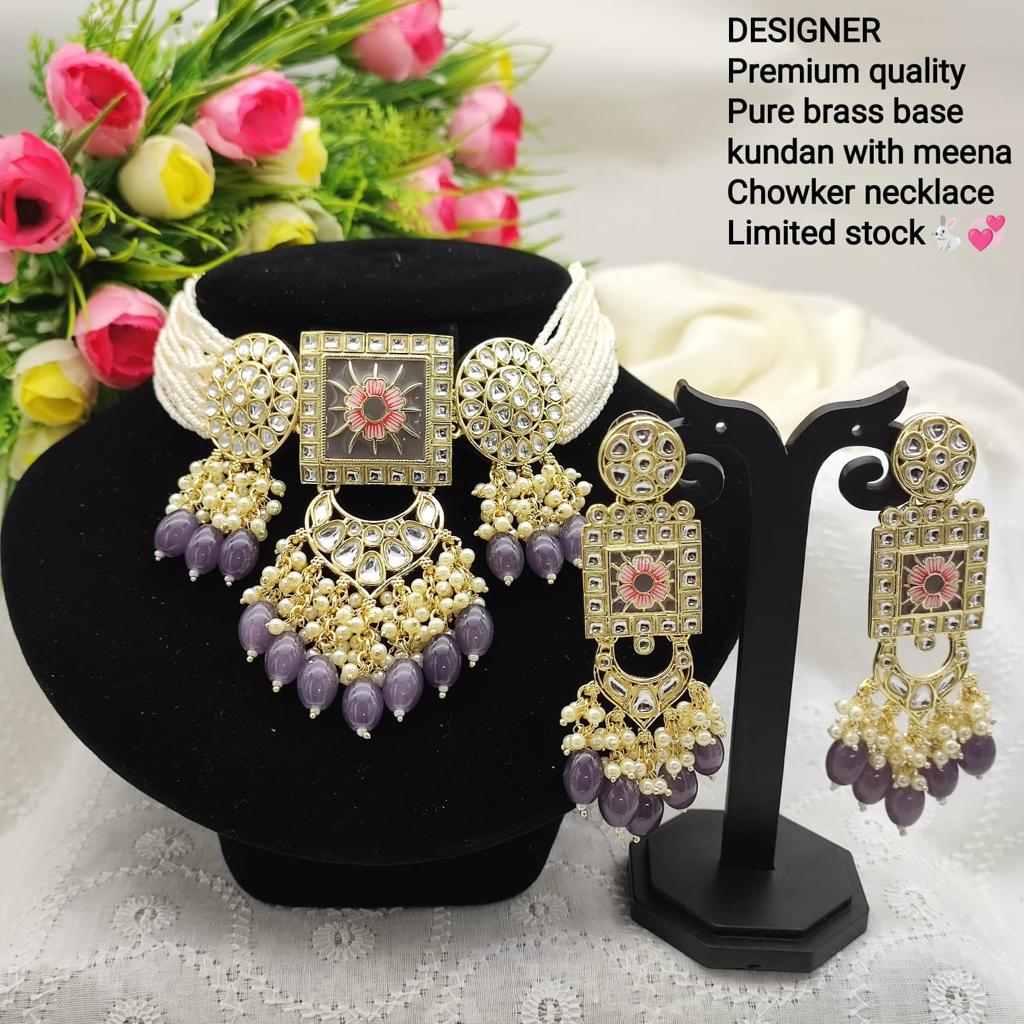 JewelMaze Gold Plated Kundan And Beads Meenakari Choker Necklace Set - 11374767GY