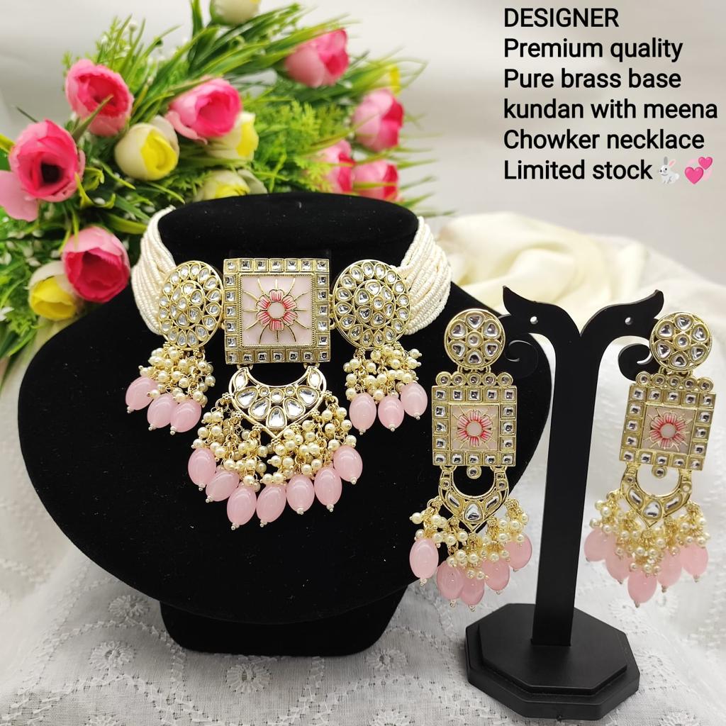 JewelMaze Gold Plated Kundan And Beads Meenakari Choker Necklace Set - 11374768LPI