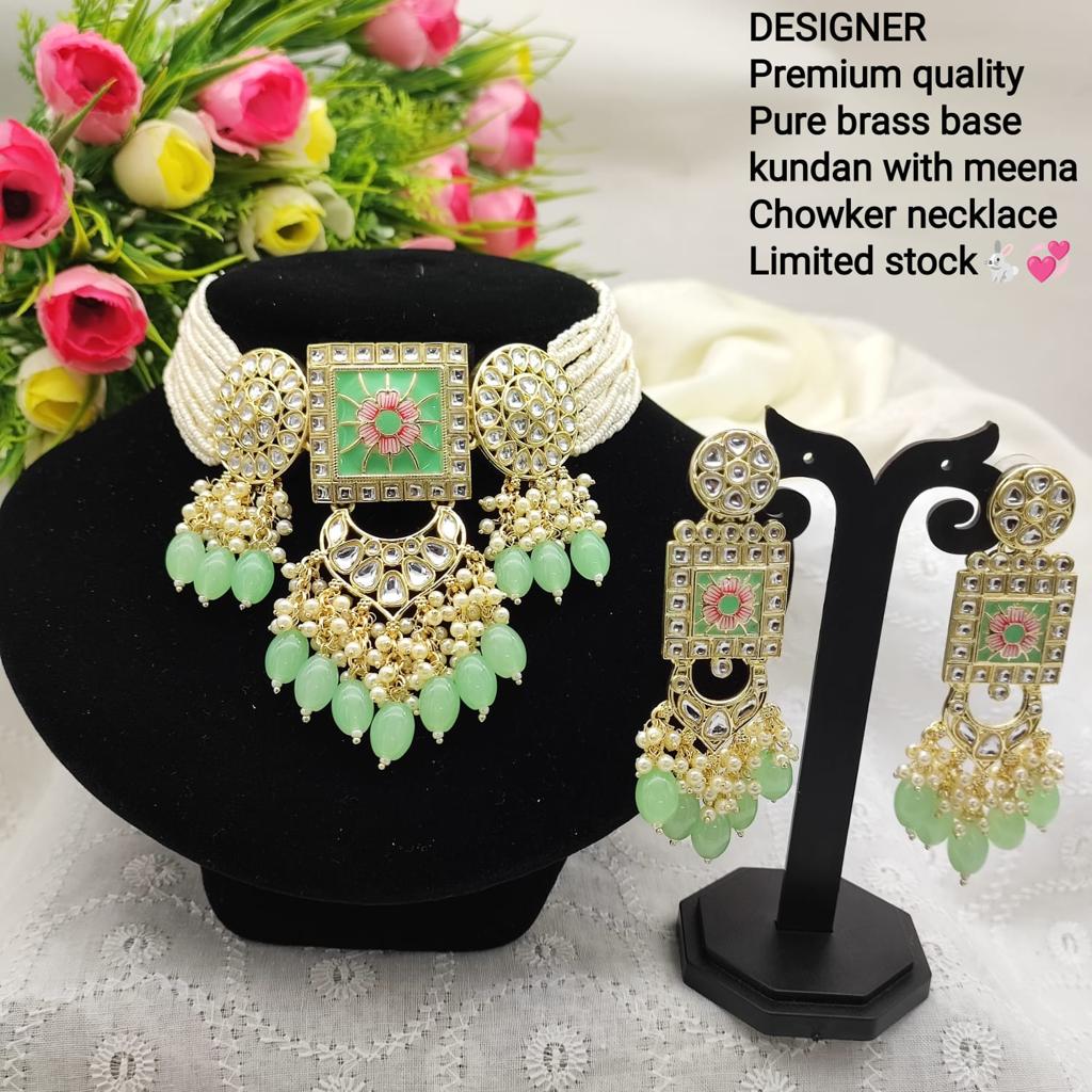 JewelMaze Gold Plated Kundan And Beads Meenakari Choker Necklace Set - 11374769MG