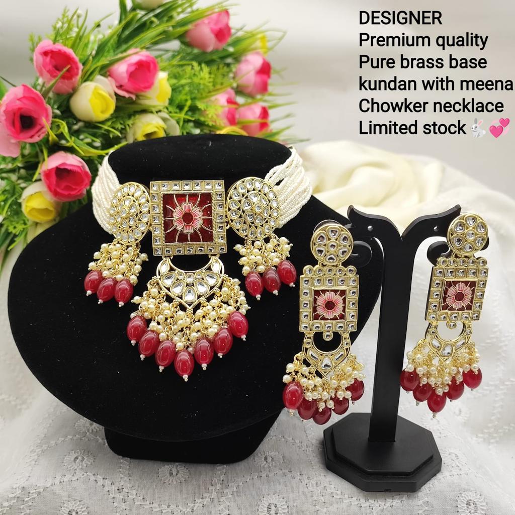 JewelMaze Gold Plated Kundan And Beads Meenakari Choker Necklace Set - 11374770MR