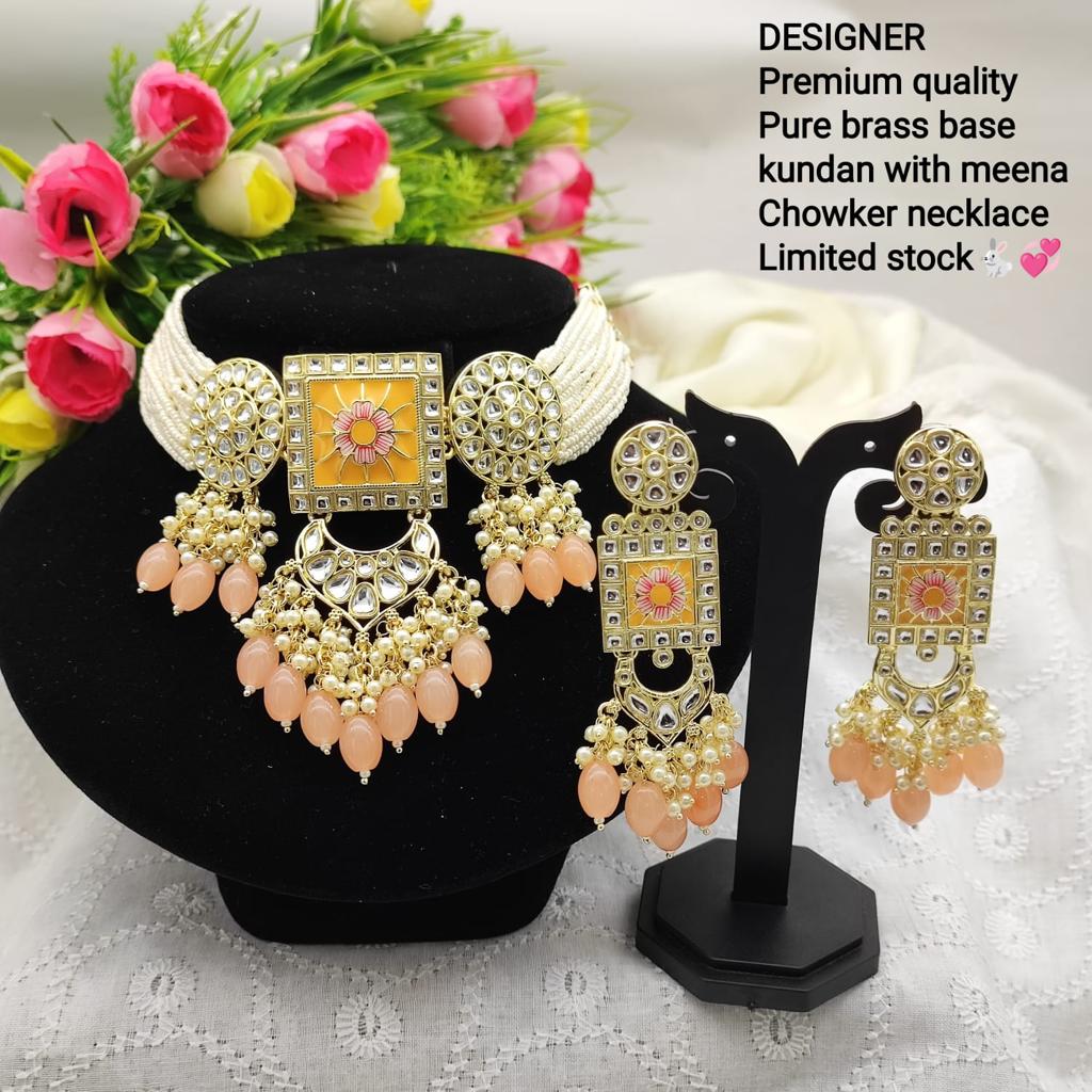 JewelMaze Gold Plated Kundan And Beads Meenakari Choker Necklace Set - 11374771PE