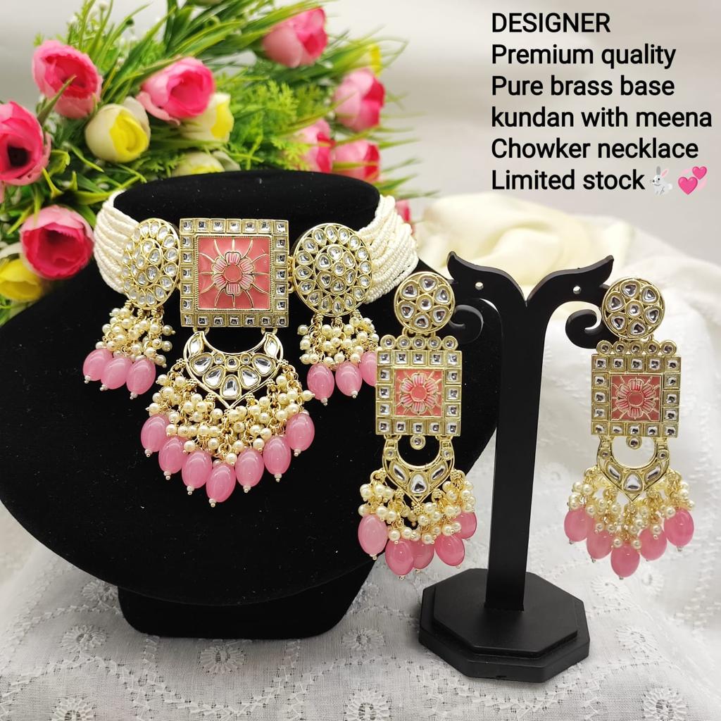 JewelMaze Gold Plated Kundan And Beads Meenakari Choker Necklace Set - 11374772PK