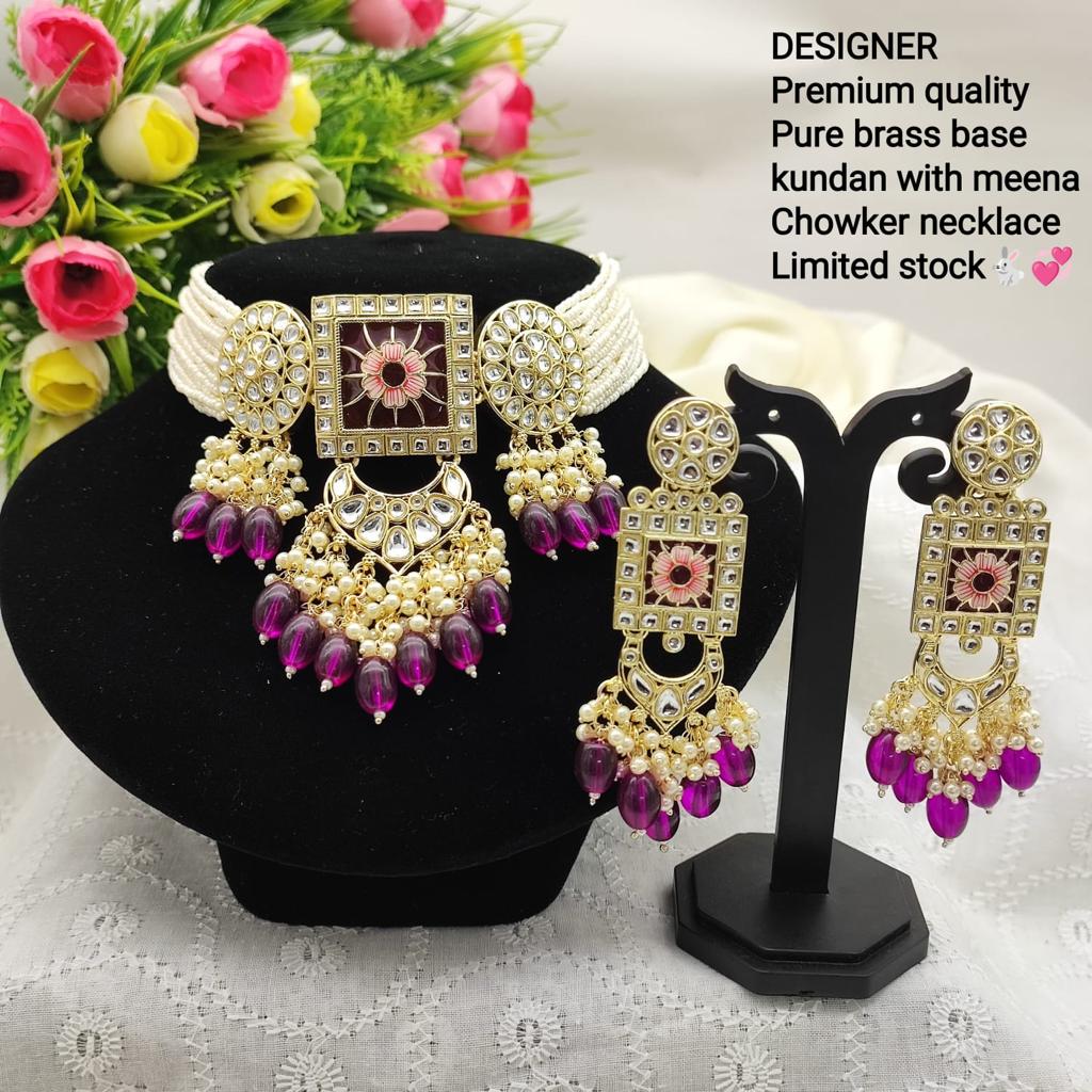 JewelMaze Gold Plated Kundan And Beads Meenakari Choker Necklace Set - 11374773PU
